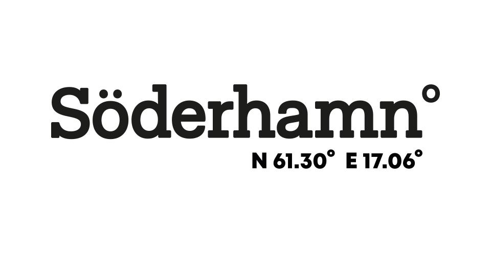 Logotyp för platsen Söderhamn består av texten "Söderhamn", gradtecknet och koordinater för Söderhamn.