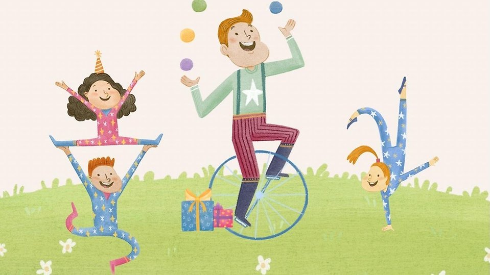En tecknad bild av en vuxen person på enhjuling som jonglerar med färgglada bollar medan tre glada barn gör akrobatiska konster på en gräsmatta.